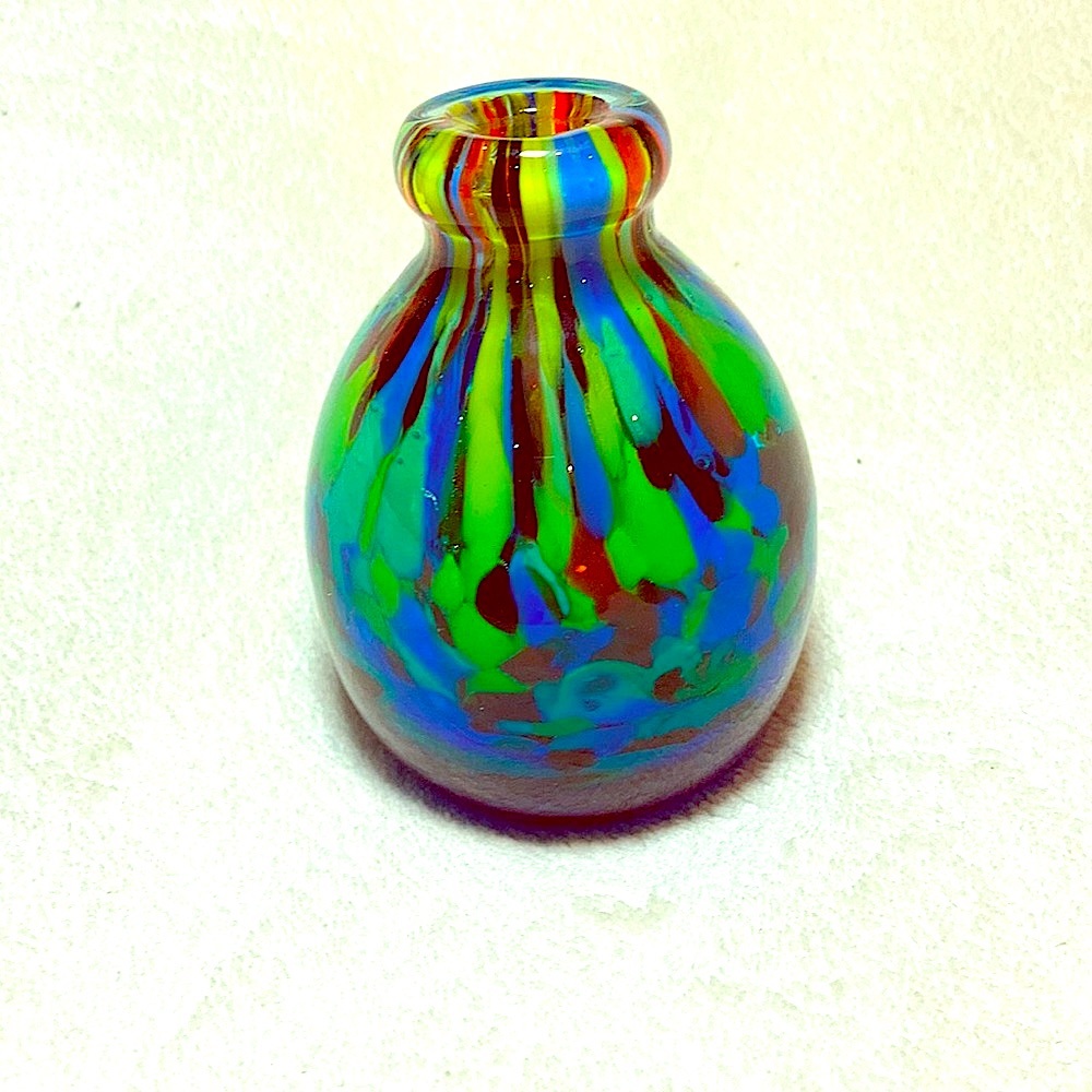 Green blue green thick Art glass pencil holder / bud vase 4”